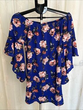 Wishful Royal Blue Peach Floral Off Shoulder Bell Sleeve Dress Tunic Size L